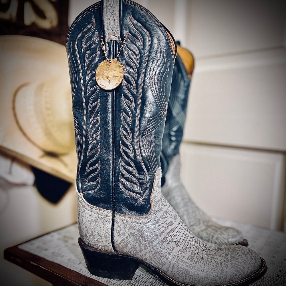 VTG Tony Lama Men's 13”5.5A,Gold Label Blue/grayLeather Cowboy Western Boots W:7 - Picture 3 of 14